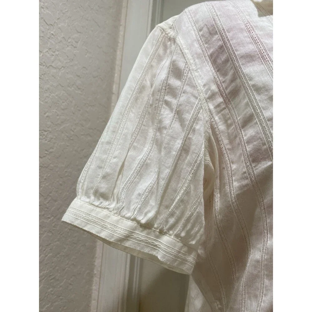 Loro Piana Lace Sheer Silk Cotton Blend Blouse Women’s 44 Ivory Puff Sleeve FLAW